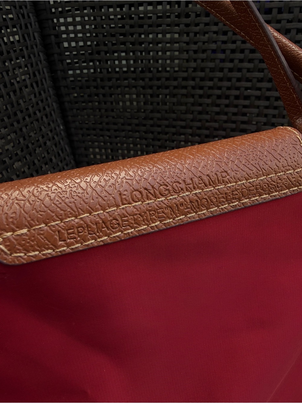 Longchamp Red Nylon Tote with Brown Leather Trim - Picture 4 of 8